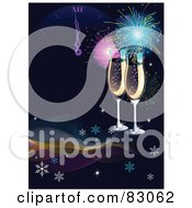 Royalty Free RF Clipart Illustration Of Two Champagne Glasses Under Fireworks On A Dark Background With Waves Snowflakes And A New Year Clock by Pushkin