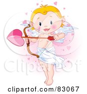 Cute Blond Cupid Standing And Holding A Giant Heart Arrow In A Pink Heart Cloud