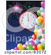 Poster, Art Print Of New Year Clock At Midnight Over A Blue Sky With Fireworks And Colorful Party Balloons