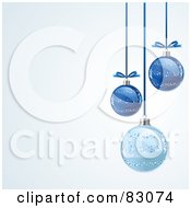 Poster, Art Print Of Three Blue Glitter Christmas Baubles Suspended Over A Gradient Blue And White Background