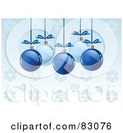 Royalty Free RF Clipart Illustration Of Shiny Light And Dark Blue Christmas Baubles With Bows Suspended Over A Blue Snowflake Background