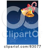 Poster, Art Print Of Pair Of Golden Christmas Bells With Holly And A Candy Cane Ringing Snowflakes Down Over Blue