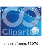 Royalty Free RF Clipart Illustration Of Three Blue Glittery Christmas Ornaments Suspended Over A Blue Background With Sparkles Vines And Waves