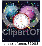 Poster, Art Print Of New Year Clock At Midnight Surrounded By Colorful Fireworks And Confetti Over Navy Blue