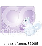 Cute White Squirrel Holding An Ornament In Front Of A Purple Snowflake Sign