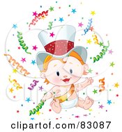 Poster, Art Print Of Cute Strawberry Blond New Year Baby Wearing A Gold Sash And Hat Surrounded By Confetti