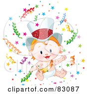 Royalty Free RF Clipart Illustration Of A Cute Strawberry Blond New Year Baby Wearing A Gold Sash And Hat Surrounded By Confetti