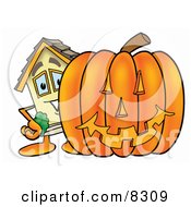Poster, Art Print Of House Mascot Cartoon Character With A Carved Halloween Pumpkin