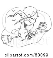 Royalty Free RF Clipart Illustration Of An Outlined Flying Cat And Witch