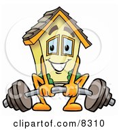 Poster, Art Print Of House Mascot Cartoon Character Lifting A Heavy Barbell