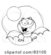 Royalty Free RF Clip Art Illustration Of An Outlined Flying Bat And Moon by Hit Toon