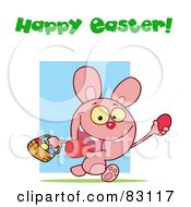 Royalty Free RF Clipart Illustration Of A Happy Easter Greeting Above A Pink Rabbit Running With Eggs