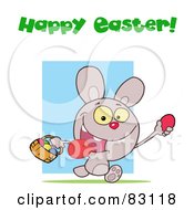 Royalty Free RF Clipart Illustration Of A Happy Easter Greeting Above A Rabbit Running With Eggs