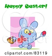 Royalty Free RF Clipart Illustration Of A Happy Easter Greeting Above A Blue Rabbit Running With Eggs