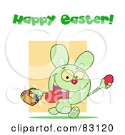 Royalty Free RF Clipart Illustration Of A Happy Easter Greeting Above A Green Rabbit Running With Eggs