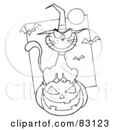Royalty Free RF Clipart Illustration Of An Outlined Cat On Pumpkin