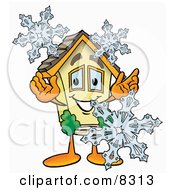 Poster, Art Print Of House Mascot Cartoon Character With Three Snowflakes In Winter