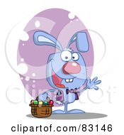 Poster, Art Print Of Waving Blue Rabbit With Easter Eggs And Basket