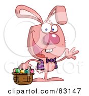 Royalty Free RF Clipart Illustration Of A Waving Pink Bunny With Easter Eggs And Basket