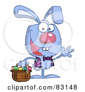 Poster, Art Print Of Waving Blue Bunny With Easter Eggs And Basket