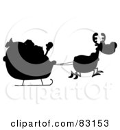 Royalty Free RF Clipart Illustration Of A Solid Black Silhouette Of A Reindeer Pulling Santas Sleigh