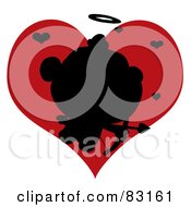 Poster, Art Print Of Black Silhouette Of Cupid In Front Of A Red Heart