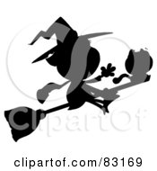 Royalty Free RF Clipart Illustration Of A Solid Black Silhouette Of A Flying Witch With Cat