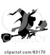 Royalty Free RF Clipart Illustration Of A Solid Black Silhouette Of A Flying Cat And Witch