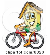 House Mascot Cartoon Character Riding A Bicycle
