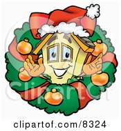 House Mascot Cartoon Character In The Center Of A Christmas Wreath