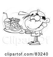 Royalty Free RF Clipart Illustration Of An Outlined Boy With Fast Food