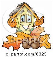 House Mascot Cartoon Character With Autumn Leaves And Acorns In The Fall