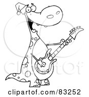 Royalty Free RF Clipart Illustration Of An Outlined Christmas Dino Playing Guitar