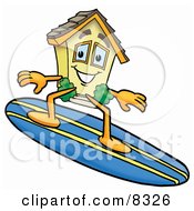 Poster, Art Print Of House Mascot Cartoon Character Surfing On A Blue And Yellow Surfboard