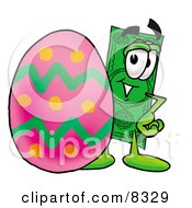 Dollar Bill Mascot Cartoon Character Standing Beside An Easter Egg