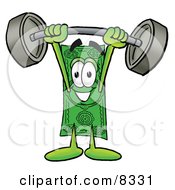 Dollar Bill Mascot Cartoon Character Holding A Heavy Barbell Above His Head