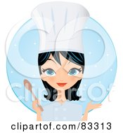 Black Haired Blue Eyed Female Chef Gesturing And Holding A Spoon In Front Of A Blue Circle