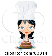 Royalty Free RF Clipart Illustration Of A Black Haired Blue Eyed Female Chef Presenting A Frosted Birthday Cake With Candles