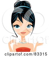 Black Haired Blue Eyed Woman Wearing A Blue Necklace And A Red Dress Her Hair Up