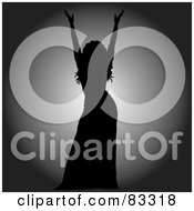 Poster, Art Print Of Black Silhouetted Female Performer Holding Up Her Arms Over A Gray Spotlight