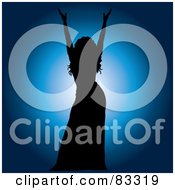 Poster, Art Print Of Black Silhouetted Female Performer Holding Up Her Arms Over A Blue Spotlight