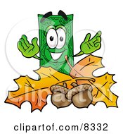 Dollar Bill Mascot Cartoon Character With Autumn Leaves And Acorns In The Fall