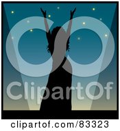 Poster, Art Print Of Black Silhouette Of A Female Performer Holding Up Her Arms On Stage