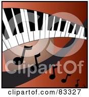 Curved Keyboard Over A Red And Orange Background With Music Notes