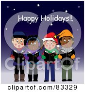 Poster, Art Print Of Happy Holidays Greeting Above Boys And Girls Singing Christmas Carols Under The Stars