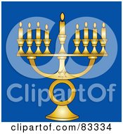 Poster, Art Print Of Gold Jewish Menorah With Nine Gold Lit Candles On A Blue Background