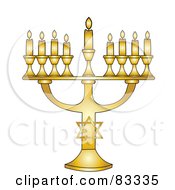 Golden Jewish Menorah With Nine Gold Lit Candles On A White Background