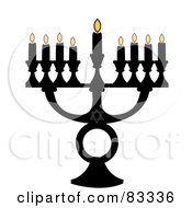Black Jewish Menorah With Nine Lit Candles On A White Background