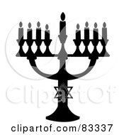 Black Silhouetted Jewish Menorah With Nine Lit Candles On A White Background