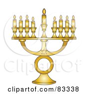 Gold Jewish Menorah With Nine Gold Lit Candles On A White Background